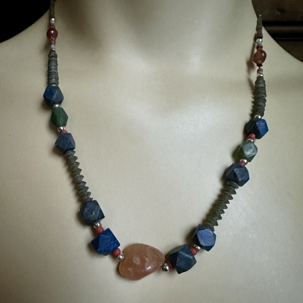 Vintage Asian Artisan Necklace 18.5 Inch Lapis Lazuli Agate Steatite Glass Beads